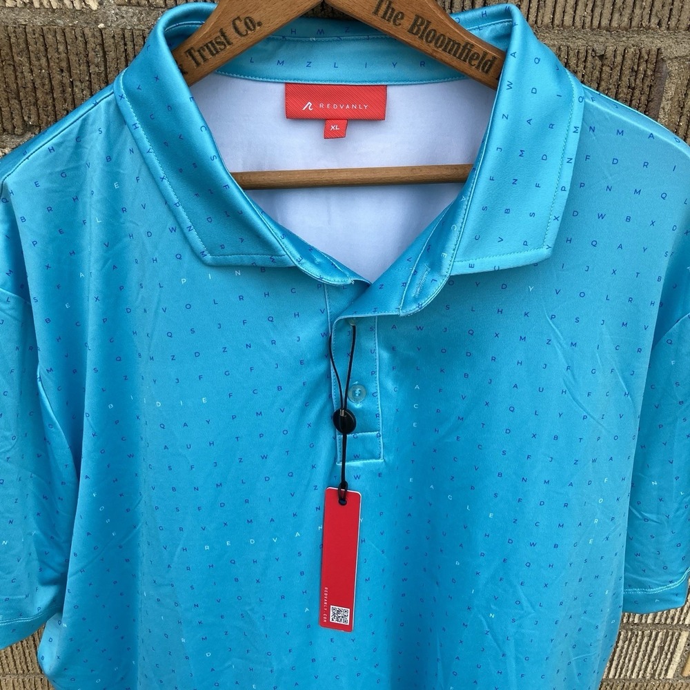 Redvanly The Times Men's XL Golf Polo‎ Curacao Blue Green Word Scramble Print